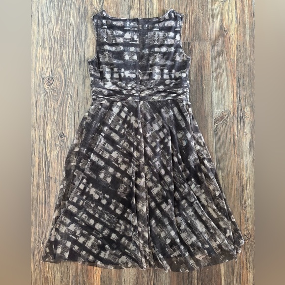 Coldwater Creek Midi Dress Sz M (10-12) Mesh Overlay Ruched Waistband Black Tan - Picture 2 of 12